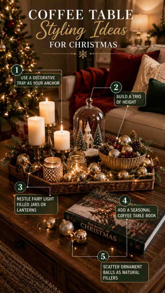 The image features a festive coffee table centerpiece arranged on a decorative tray with pillar candles, a glass cloche displaying a miniature winter village, fairy lights, gold ornament balls, pinecones, greenery, and a seasonal coffee table book. A Christmas tree glows in the background beside a cozy sofa with red, cream, and green cushions. Five decorating tips highlight using a tray as an anchor, creating varying heights, incorporating light-filled lanterns or jars, adding a seasonal book, and scattering ornaments as decorative fillers.