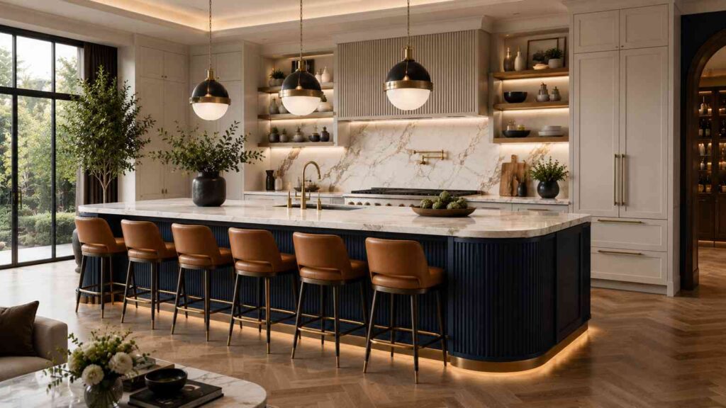 Luxury modern kitchen featuring a large color-blocked island with a deep midnight-blue fluted base, white marble waterfall countertop, six camel leather bar stools, brass accents, ambient LED lighting, and floor-to-ceiling cabinetry in a sophisticated open-concept layout.