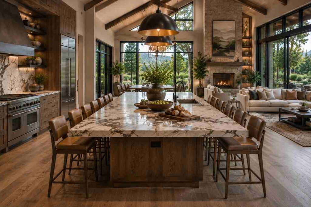 Luxury open-concept kitchen featuring a large community dining island with seating on both sides, a marble waterfall countertop, warm wood cabinetry, oversized black pendant lights, vaulted ceilings, and floor-to-ceiling windows overlooking a landscaped outdoor setting.