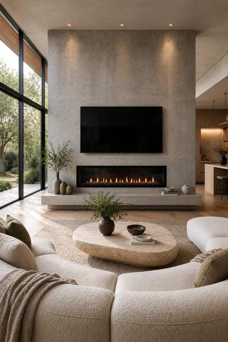 Luxury modern living room with a floor-to-ceiling polished concrete feature wall, frameless glass-front fireplace, mounted television, curved bouclé sofa, travertine coffee table, and expansive floor-to-ceiling windows. Natural light softens the concrete textures, creating a calm and architecturally refined interior.