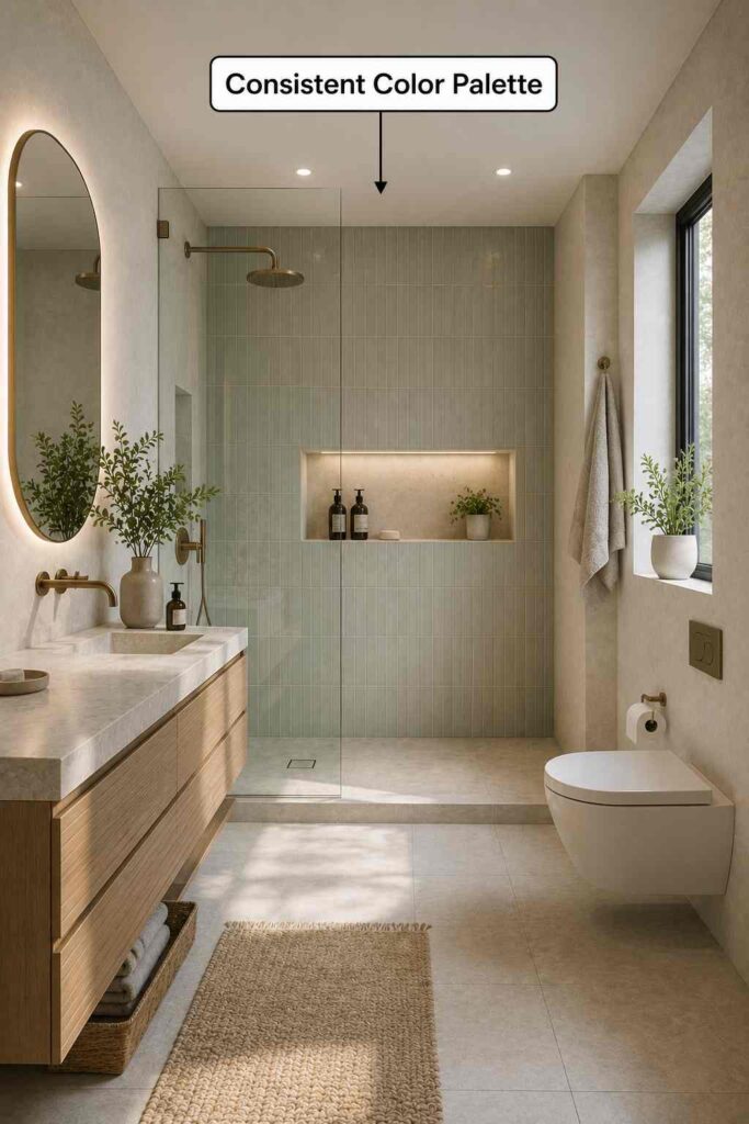 Modern bathroom featuring a floating wood vanity with a white stone countertop and integrated sink, an illuminated oval mirror, brushed brass fixtures, a frameless walk-in shower with soft green vertical wall tiles, a recessed illuminated niche, a wall-hung toilet, warm neutral floor and wall tiles, decorative plants, a beige bath mat, and natural light from a large window. The image also includes an annotation reading “Consistent Color Palette” with an arrow pointing toward the coordinated bathroom finishes. 
