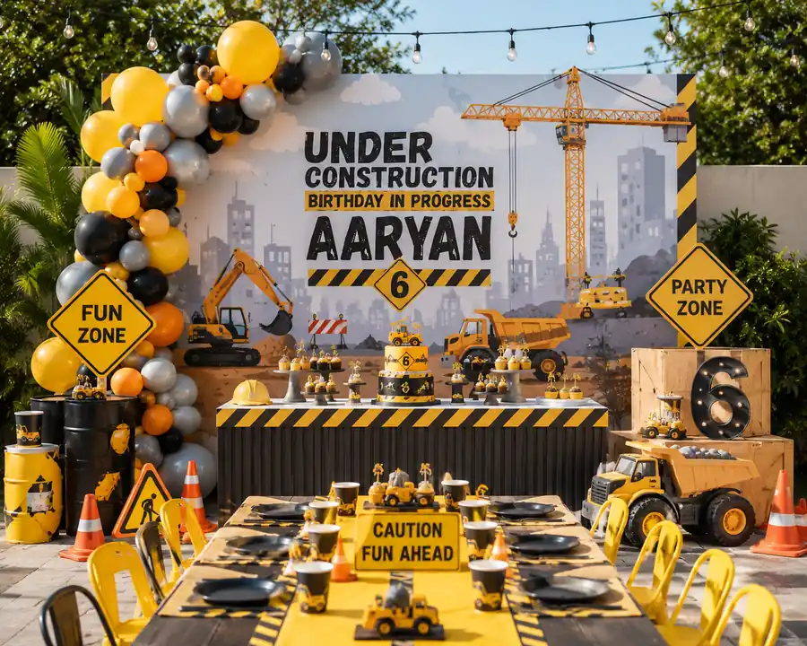 Construction-themed 6th birthday party setup featuring yellow, black, orange, and gray décor. A large backdrop reads 'Under Construction – Birthday in Progress' with the child's name and age displayed prominently. The scene includes construction vehicles such as excavators, dump trucks, and cranes, along with caution signs, traffic cones, hard hats, and industrial-style props. A themed birthday cake and matching desserts sit on a striped construction-inspired dessert table, while a children's dining table is decorated with miniature construction trucks and caution-themed centerpieces, creating a fun worksite celebration atmosphere.