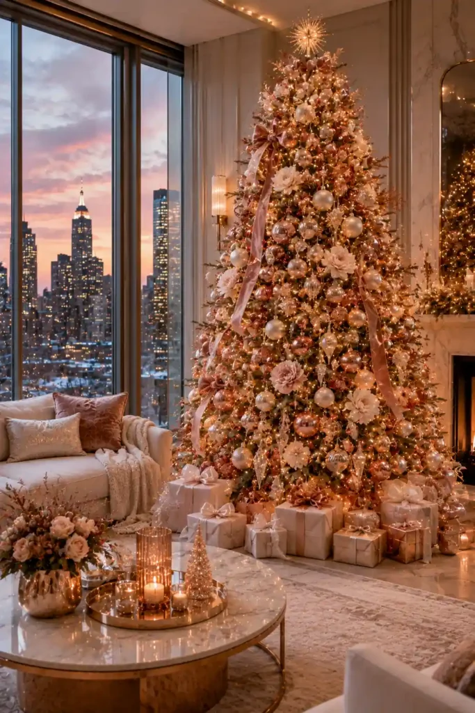 Elegant Christmas tree decorated with rose gold ornaments, copper accents, blush pink ribbons, cream floral decorations, warm fairy lights, and luxury wrapped gifts inside a sophisticated penthouse with sunset city views.