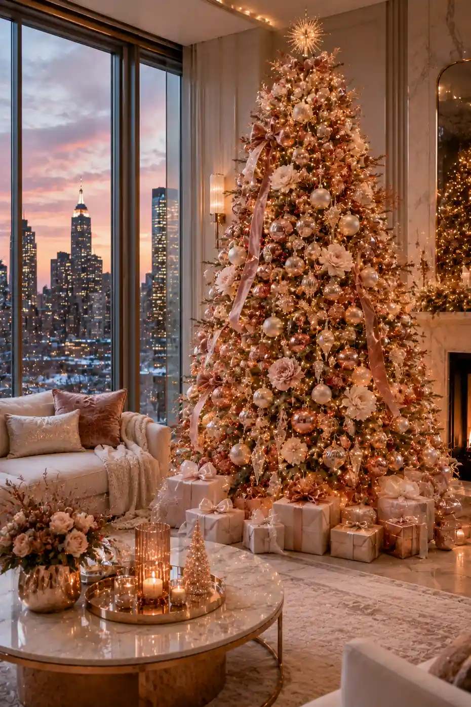 Elegant Christmas tree decorated with rose gold ornaments, copper accents, blush pink ribbons, cream floral decorations, warm fairy lights, and luxury wrapped gifts inside a sophisticated penthouse with sunset city views.