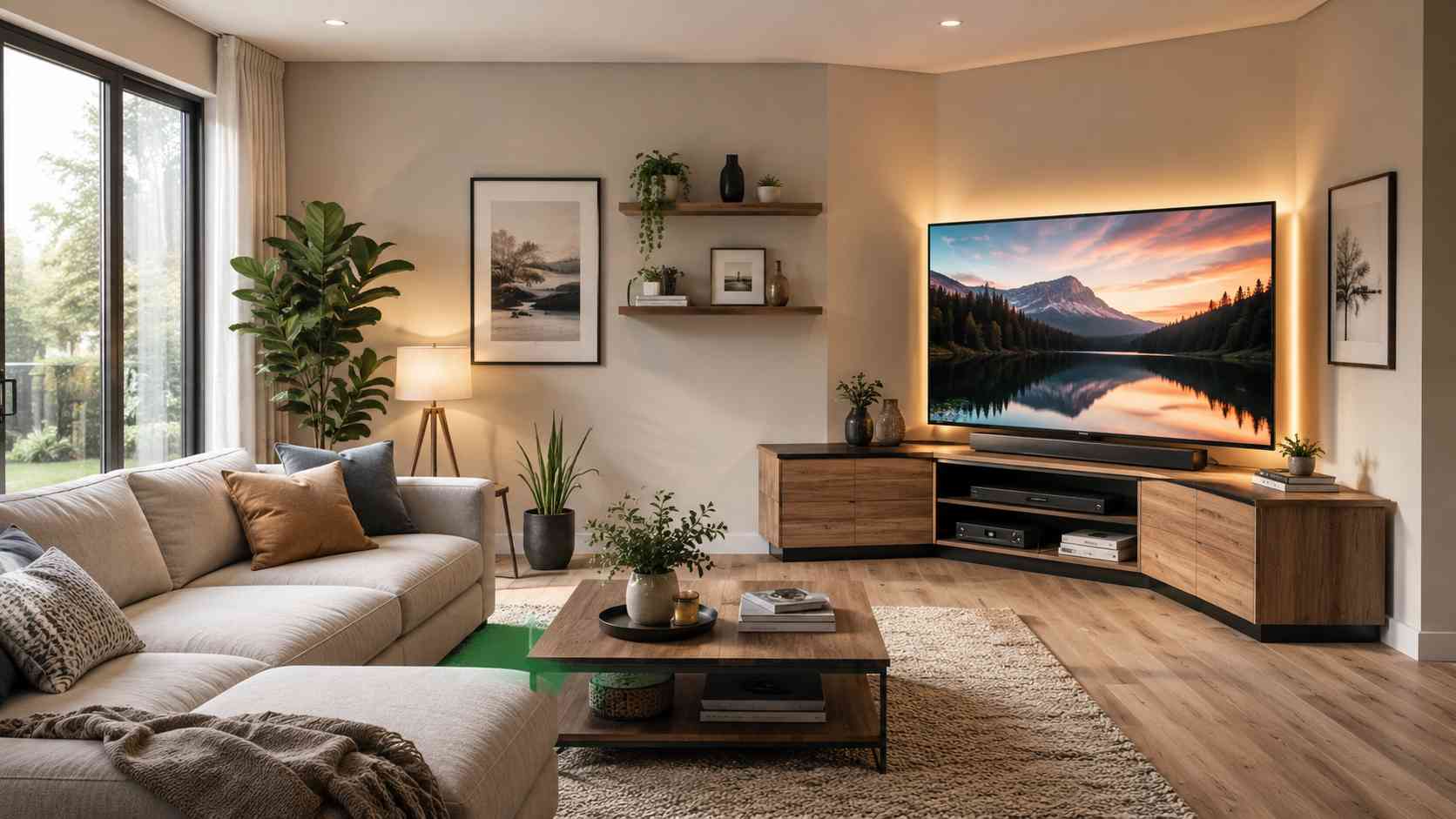 Modern living room featuring a stylish space-saving corner TV unit with a large flat-screen TV, wooden media console, soundbar, and contemporary furniture.