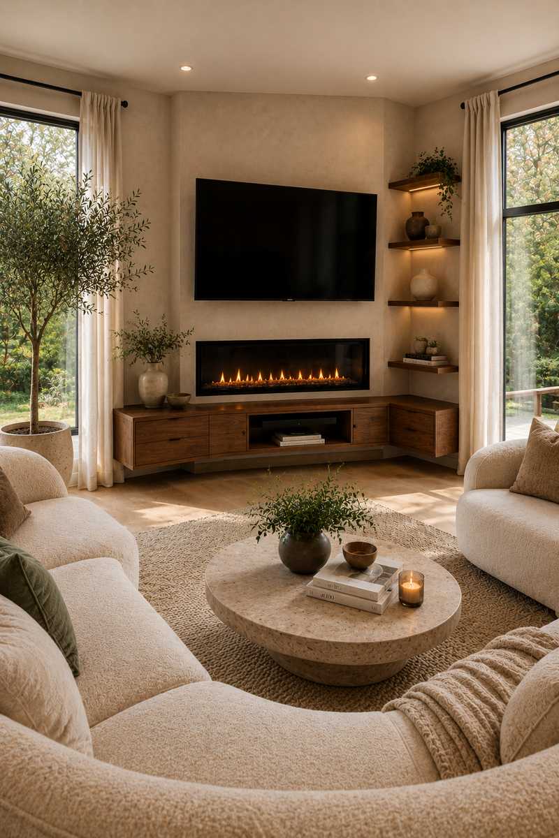 Modern living room with a custom corner fireplace and TV arrangement designed for a compact floor plan. The space features a linear electric fireplace, angled wall-mounted television, floating walnut corner media cabinet, warm neutral furnishings, built-in corner shelving, and abundant natural light from surrounding windows.