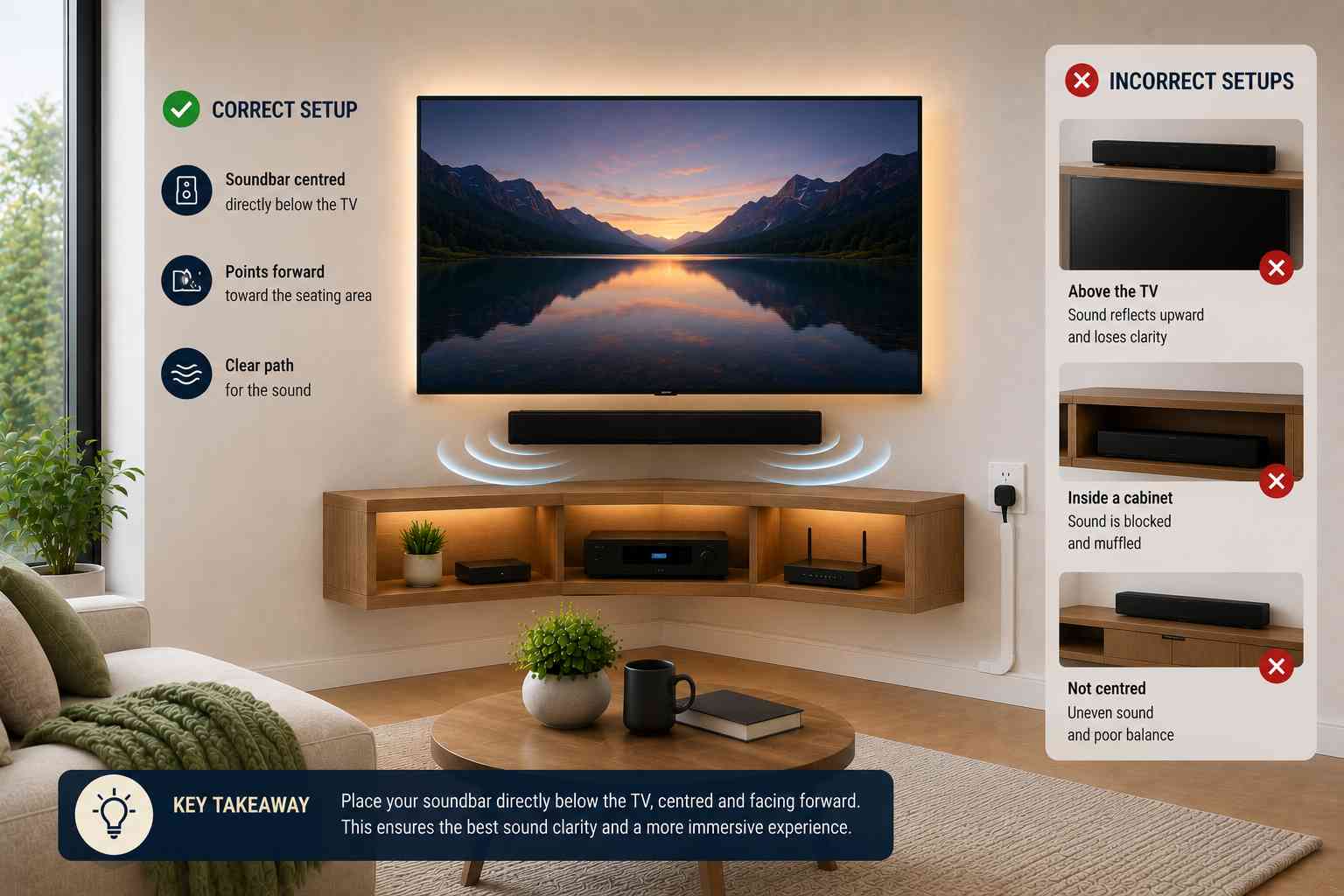 Infographic showing the correct soundbar placement below a wall-mounted corner TV, compared with incorrect placements above the TV, inside a cabinet, and off-center to improve sound clarity and audio performance.