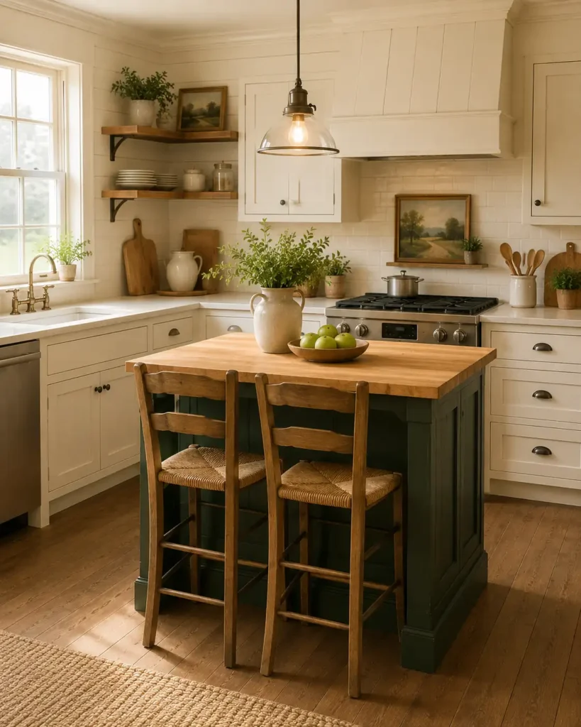 Warm farmhouse-style kitchen featuring a small butcher-block island with a deep forest green base, two rustic ladder-back stools, cream shaker cabinets, open wooden shelving, and a vintage-inspired pendant light. Natural textures, warm wood flooring, and soft daylight create a cozy cottage atmosphere.