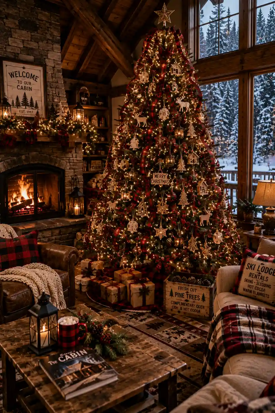 Rustic Christmas tree decorated with buffalo plaid ribbon, wooden ornaments, woodland decorations, warm fairy lights, and wrapped gifts inside a cozy cabin with a stone fireplace and snowy forest views.