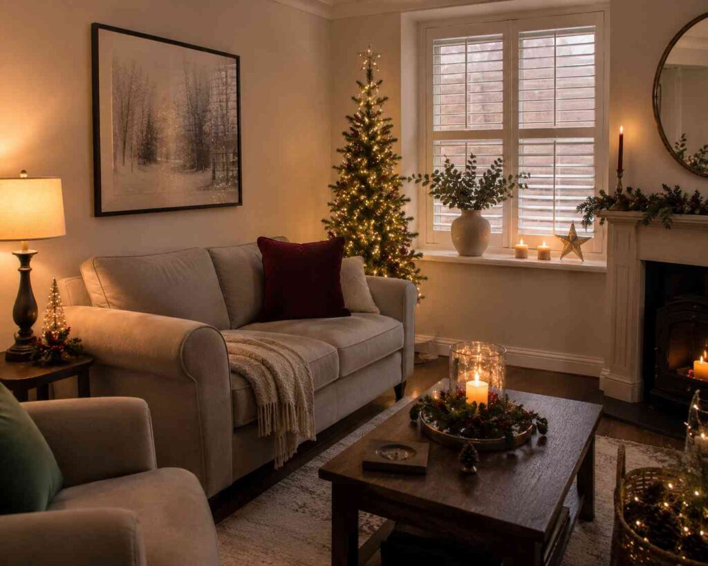 Cozy Christmas living room featuring a beige sofa with burgundy accent pillows, a lit Christmas tree beside shuttered windows, a wooden coffee table with candle centerpiece and holiday greenery, warm table lamp lighting, and a fireplace decorated with garland and candles, creating an inviting festive atmosphere

