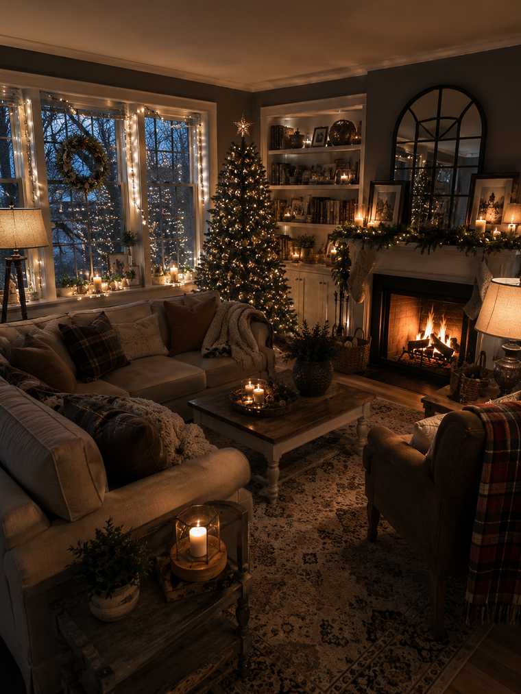 Christmas living room with illuminated tree, fireplace, fairy lights, candles, wreath, and cozy holiday decorations at night
