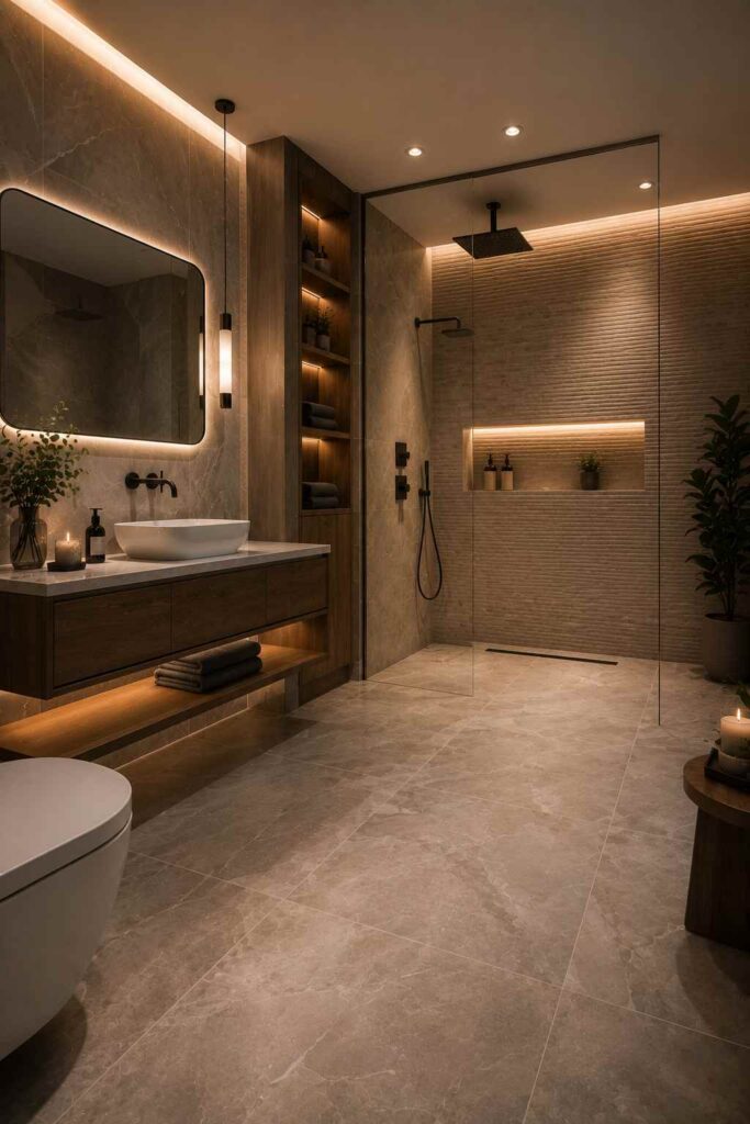 A luxurious modern bathroom with warm ambient lighting and a minimalist spa aesthetic. The room features a floating walnut vanity with a white stone countertop and a rectangular white vessel sink beneath a large rounded-rectangle backlit mirror. A frameless glass walk-in shower includes dual rainfall showerheads, a handheld shower, and an illuminated recessed niche with toiletries and a small plant. Built-in wooden shelving with integrated lighting displays folded towels and décor, while under-vanity lighting, large stone-look floor tiles, and subtle greenery create a calm, elegant atmosphere. 