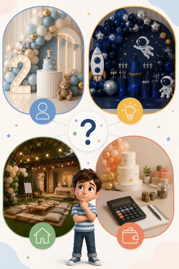 An infographic-style birthday planning graphic showing four decision factors: age-appropriate themes, theme ideas, venue selection, and budget planning. It features pastel and space-themed birthday setups, an outdoor party scene, a budgeting illustration, and a child thinking about party options
