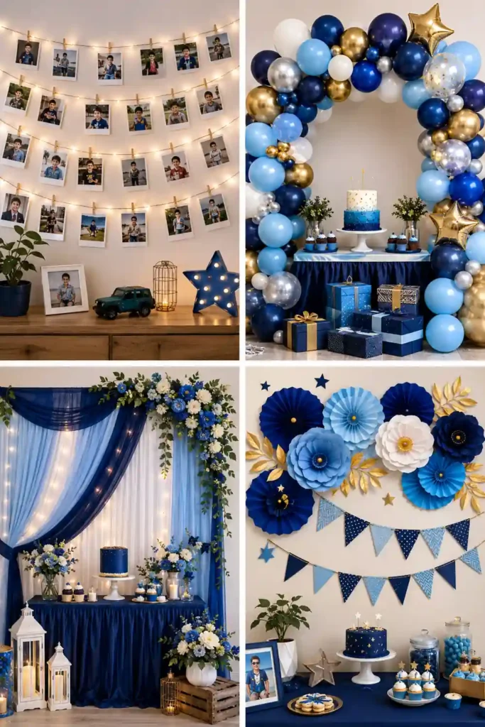 Four-panel blue birthday party inspiration collage featuring a photo memory wall with string lights and snapshots, a blue-and-gold balloon arch with cake and gift boxes, an elegant blue draped dessert backdrop with floral arrangements, and a blue paper flower display with bunting, cupcakes, and a birthday cake. 
