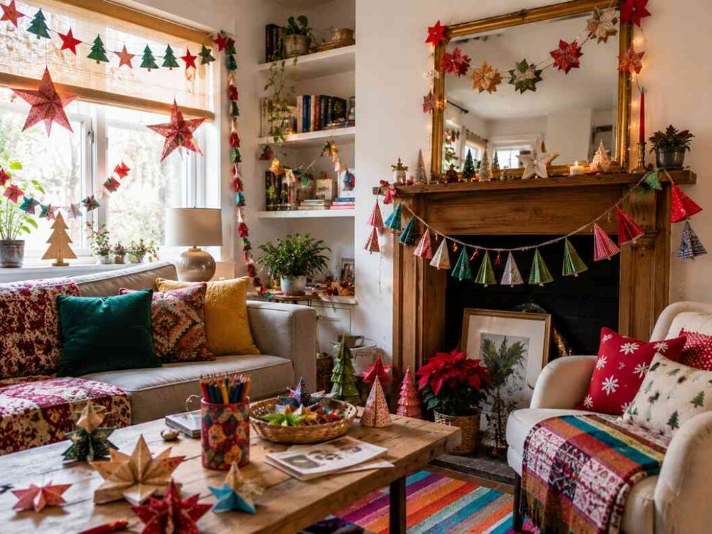 Colorful Christmas living room decorated with handmade paper stars, festive garlands, and bright holiday accents. A cozy seating area surrounds a wooden coffee table covered with craft supplies and paper ornaments, while a fireplace and mirror are adorned with vibrant DIY decorations, creating a cheerful family-friendly holiday atmosphere.