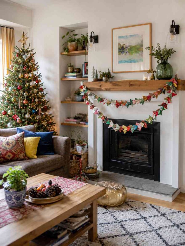 Bright living room featuring a decorated Christmas tree beside a modern fireplace adorned with colorful handmade origami garlands. Built-in shelves display plants and holiday décor, while patterned cushions and festive accents add warmth and creativity to the cozy seasonal space.