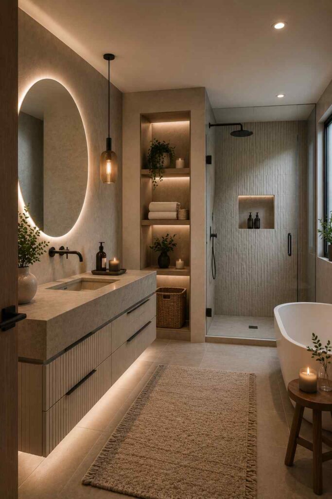 Contemporary spa-style bathroom featuring a floating fluted vanity with an integrated stone countertop and sink, a large backlit oval mirror with a black wall-mounted faucet, a warm pendant light, illuminated built-in shelving with towels, baskets, plants, and candles, a frameless glass walk-in shower with textured vertical wall tiles and a recessed illuminated niche, a freestanding white bathtub beside a window, warm under-vanity lighting, a textured beige runner rug, and soft neutral finishes throughout.