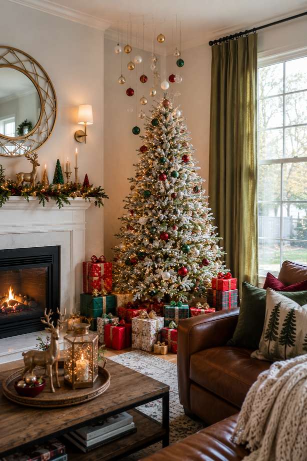 Festive living room with a decorated Christmas tree, fireplace, wrapped gifts, and warm holiday lighting