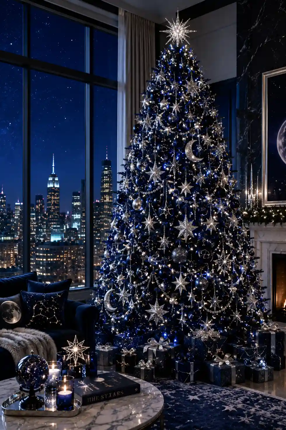 Luxury Christmas tree decorated with midnight blue ornaments, silver stars, constellation decorations, crescent moons, cool white lights, and celestial-themed gifts inside a modern penthouse with panoramic night skyline views.