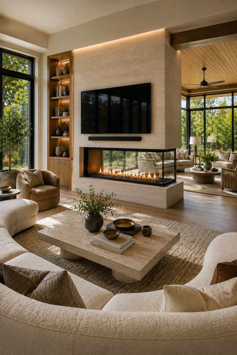 Luxury open-concept home with a floor-to-ceiling double-sided glass fireplace dividing a living room and sunroom. The design features a wall-mounted television, limestone fireplace partition, custom wood shelving, curved ivory seating, expansive windows, and abundant natural light that flows through both connected spaces.