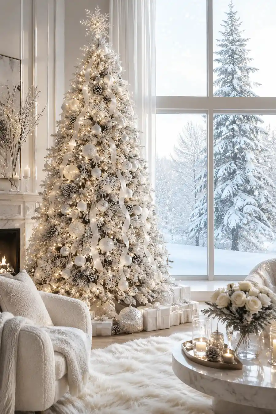 Luxurious all-white Christmas tree decorated with frosted pinecones, crystal snowflake ornaments, white velvet ribbons, and warm fairy lights in an elegant Scandinavian-inspired living room with snowy floor-to-ceiling window views.