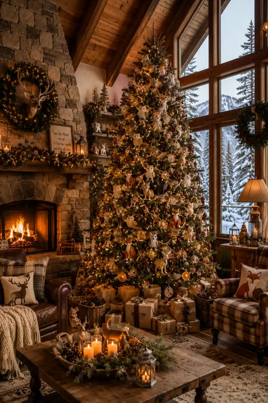 Woodland-themed Christmas tree decorated with owl, fox, deer, and forest animal ornaments, burlap ribbon, wooden bead garlands, dried orange slices, and warm fairy lights inside a cozy rustic cabin with snowy forest views.