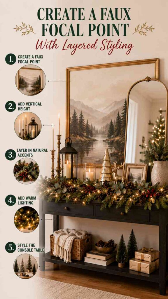 Holiday decorating infographic titled “Create a Faux Focal Point With Layered Styling.” The image showcases a festive console table styled with evergreen garland, pinecones, berries, lanterns, candles, warm string lights, framed artwork, a decorative mirror, and small holiday accents. A large landscape artwork serves as the focal point, while baskets, books, miniature trees, and wrapped gifts decorate the lower shelf. Five numbered tips explain how to create a layered holiday display using artwork, vertical elements, natural accents, warm lighting, and coordinated tabletop styling.