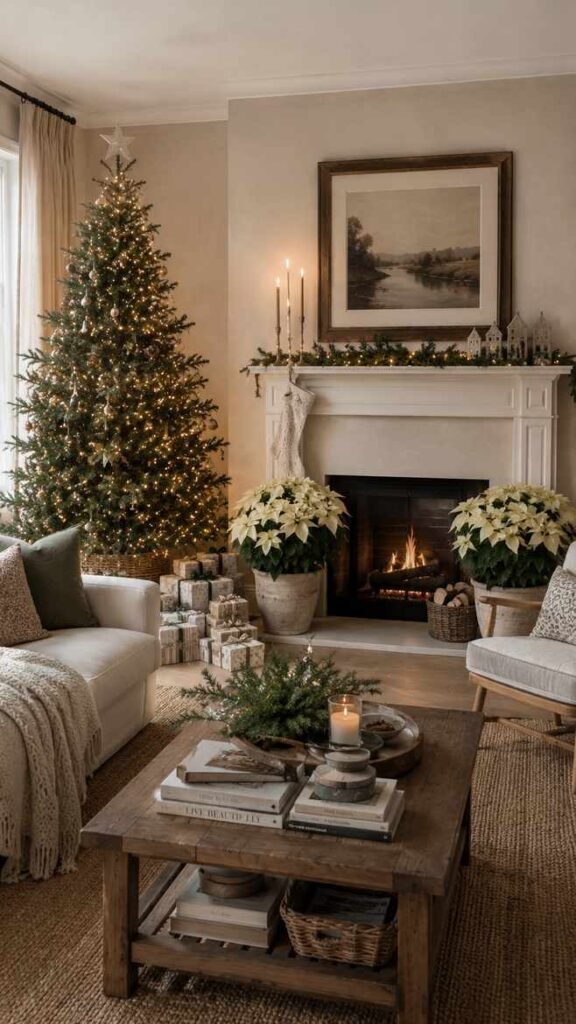 Cozy living room with a lit Christmas tree, fireplace, wrapped gifts, and warm holiday décor