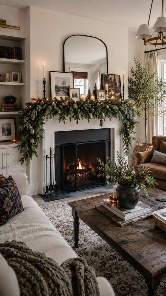 Elegant living room featuring a lit fireplace with lush evergreen garland, candles, framed artwork on the mantel, a large arched mirror, and cozy seating in warm neutral tones