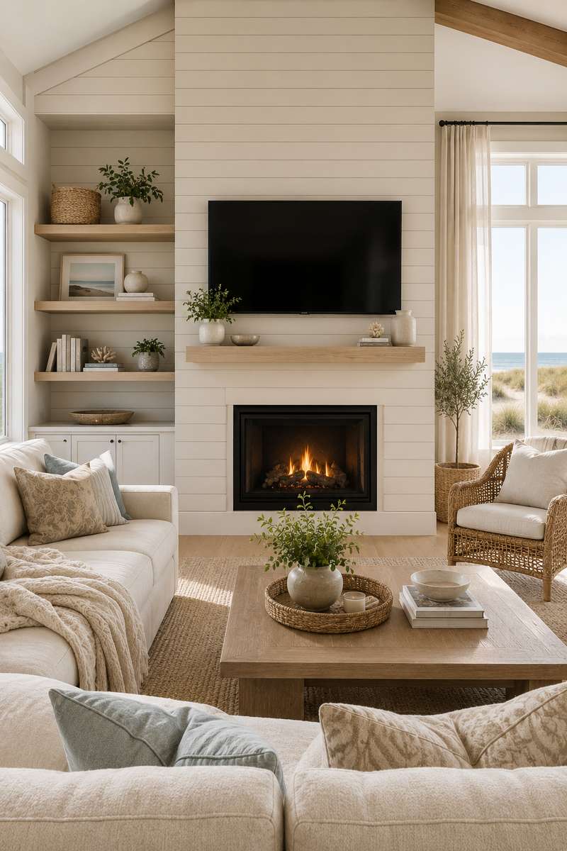 Bright coastal-inspired living room with a floor-to-ceiling greige shiplap fireplace wall, mounted television, floating oak mantel shelf, oversized linen sectional, woven rattan chair, and light oak flooring. Soft natural daylight and neutral textures create a calm, airy, and relaxing atmosphere.