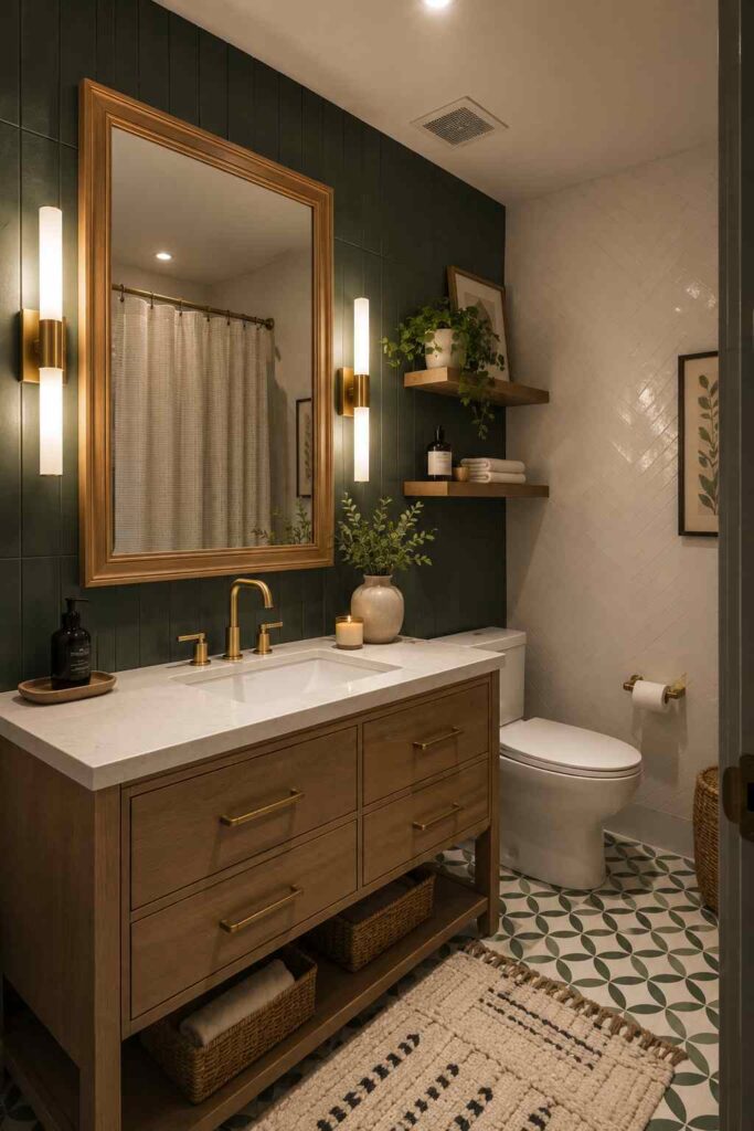 A warm transitional bathroom with a natural wood vanity featuring brass hardware, a white quartz countertop with an integrated sink, and a large wood-framed mirror flanked by slim brass wall sconces. Deep green vertical wall tiles create a bold accent behind the vanity, while white herringbone wall tiles brighten the toilet area. Floating wood shelves display plants, towels, and decorative accessories, and patterned green-and-white floor tiles pair with woven storage baskets and a textured cream rug to create a cozy, inviting atmosphere.