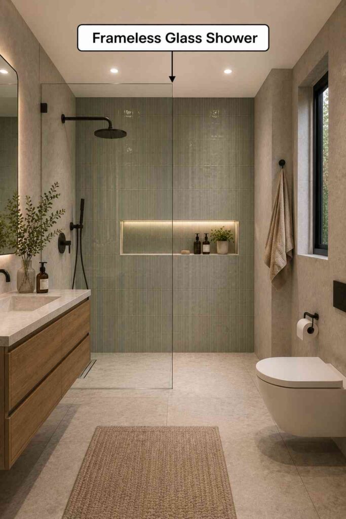 Modern bathroom featuring a frameless glass walk-in shower with a matte black rainfall showerhead, soft green vertical wall tiles, a floating wood vanity with a white stone countertop, a wall-hung toilet, a recessed illuminated shower niche, neutral stone-look floor tiles, a large window providing natural light, decorative greenery, and a textured beige bath mat. The image also includes an annotation reading “Frameless Glass Shower” with an arrow pointing to the clear glass shower screen.

