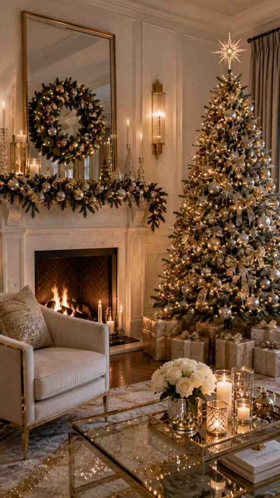 Elegant and luxurious Christmas living room decorated in gold, champagne, and silver tones. A beautifully adorned Christmas tree sparkles with warm white lights, metallic ornaments, ribbon bows, and a glowing star topper, surrounded by wrapped gifts. A marble fireplace mantel is decorated with illuminated garland, candles, and a festive wreath reflected in a large gold-framed mirror. Gold accents, crystal candleholders, a mirrored coffee table, fresh white roses, and soft ambient lighting create a sophisticated holiday atmosphere.
