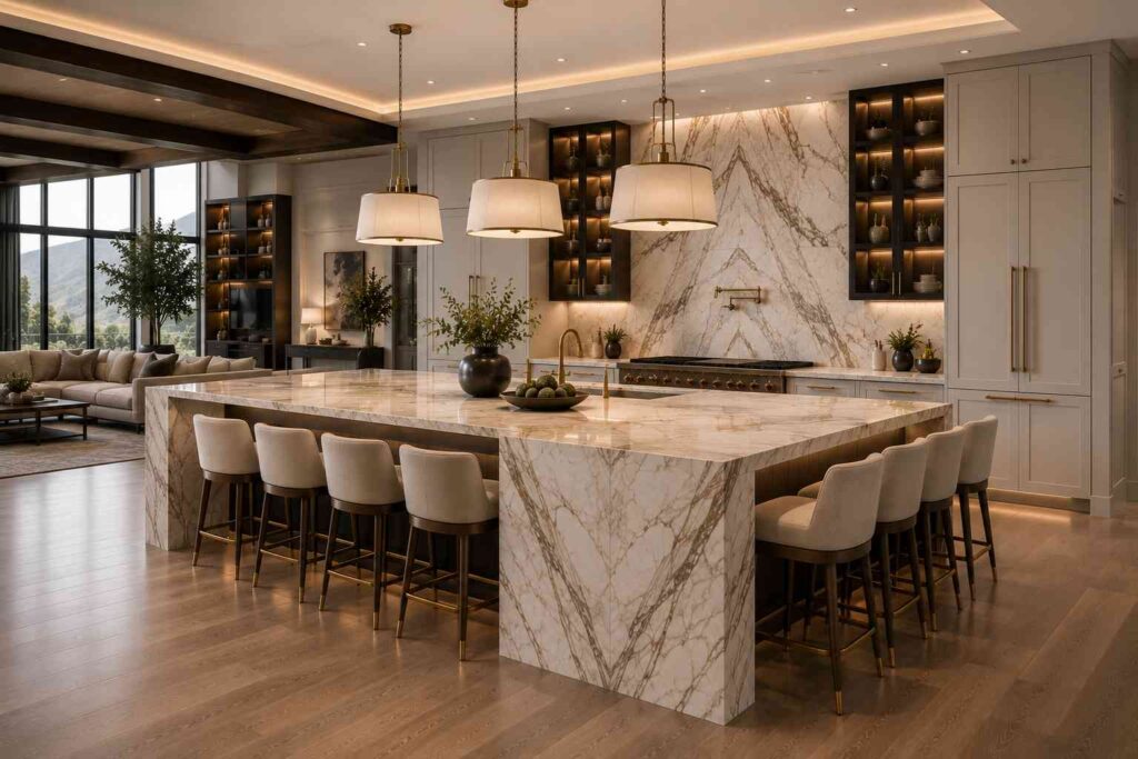 Luxury open-concept kitchen featuring a massive book-matched marble waterfall island with four upholstered stools on each side, three oversized pendant lights, custom cabinetry, warm ambient lighting, and a seamless connection to a sophisticated living space. Modern architectural kitchen design with premium natural stone and elegant entertaining-focused layout.