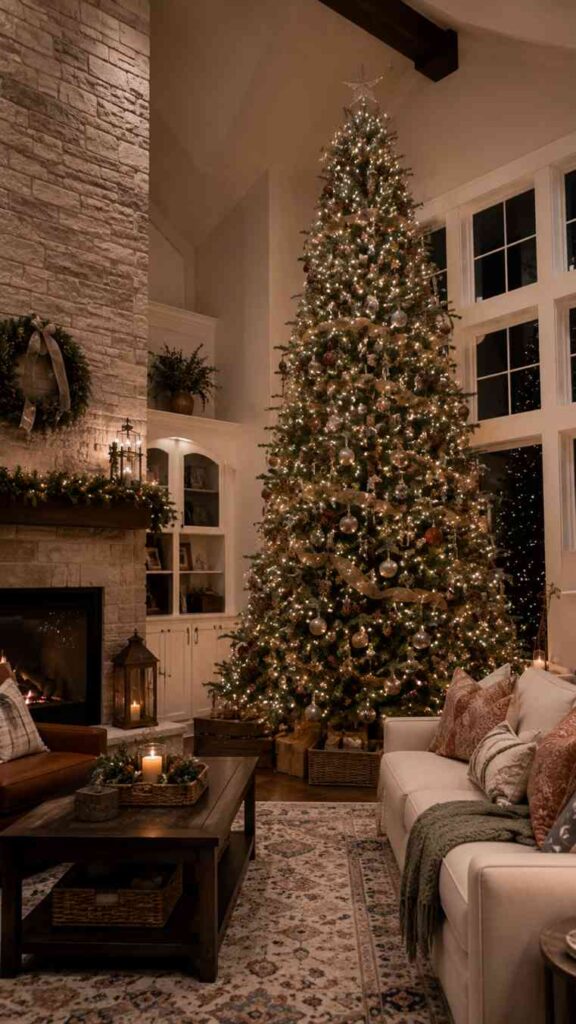 Grand living room decorated for Christmas with a towering floor-to-ceiling Christmas tree illuminated by thousands of warm white lights. The tree is adorned with champagne, gold, and silver ornaments, ribbon garlands, and a glowing star topper, standing beside large two-story windows. A stone fireplace decorated with greenery, lanterns, and a wreath adds warmth to the space, while neutral sofas, patterned cushions, woven baskets, and a dark wood coffee table create a cozy yet elegant holiday atmosphere.