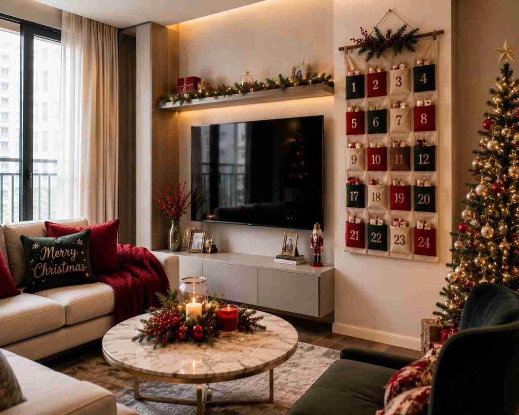 Cozy modern living room decorated for Christmas, featuring a wall-mounted TV beneath a garland-lit floating shelf, a fabric advent calendar with numbered pockets, a decorated Christmas tree with warm white lights, a beige sofa with red holiday pillows and blanket, and a marble coffee table with candles and festive greenery