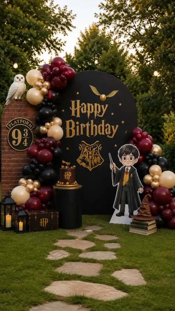 Wizard-themed birthday party display set outdoors, featuring a black and gold backdrop with magical school-inspired emblems, a brick platform sign, and burgundy, black, and gold balloon garlands. The setup includes a themed cake, lanterns, a snowy owl decoration, a wizard character standee holding a wand, stacked books with a sorting hat, and a stone pathway leading to the display, creating an enchanting fantasy celebration atmosphere