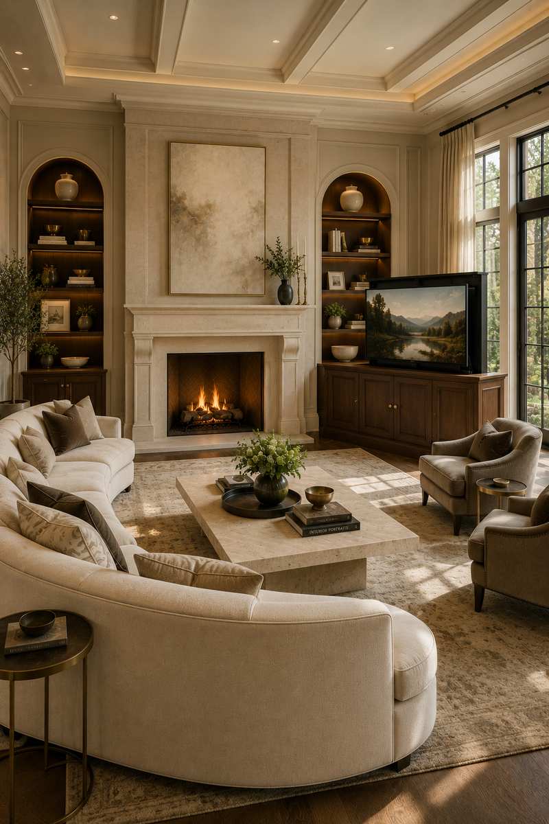 Sophisticated traditional-modern living room with a limestone fireplace, custom walnut motorized TV lift cabinet, partially raised television, curved ivory seating, built-in illuminated shelving, travertine coffee table, and large windows filling the room with natural light.