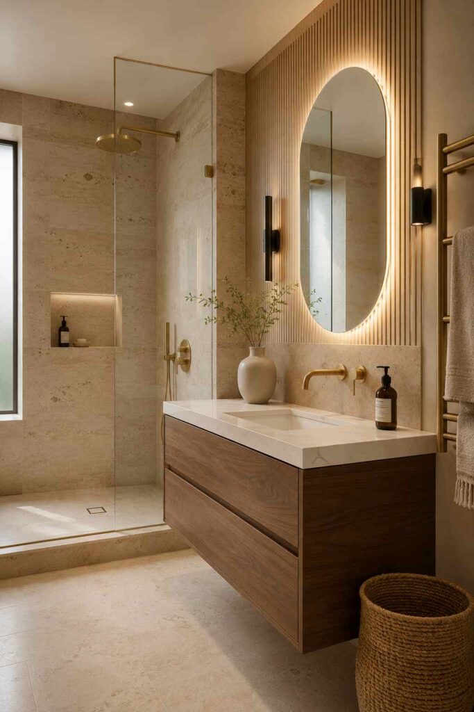 Contemporary luxury bathroom featuring a floating walnut vanity with a white stone countertop, a backlit oval mirror set against vertical wood slats, brushed brass wall-mounted fixtures, a frameless walk-in shower with beige stone tiles and a rainfall showerhead, a recessed shower niche with toiletries, a heated towel rail, a woven basket, and a ceramic vase with greenery.