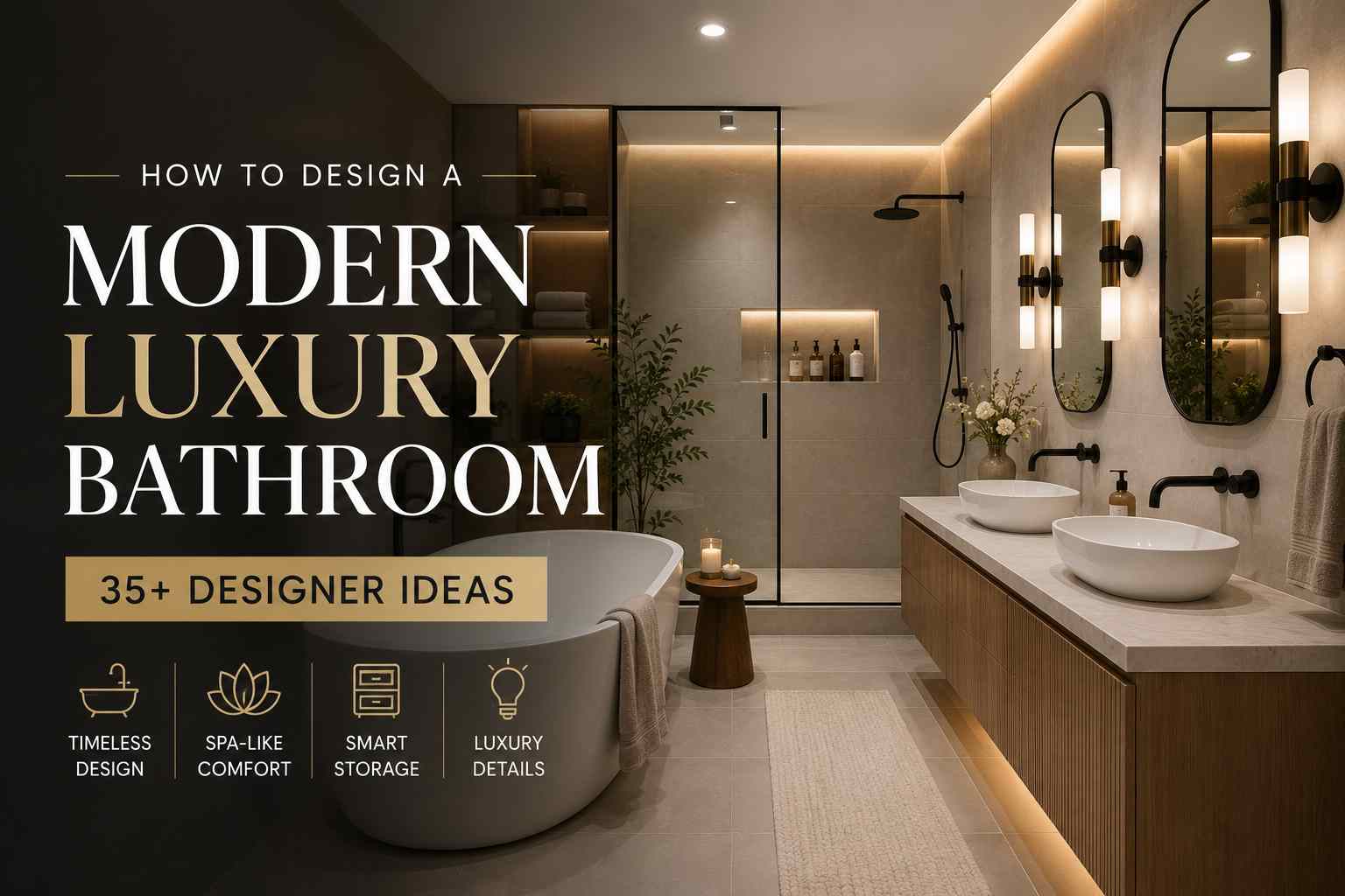 Cover image titled "How to Design a Modern Luxury Bathroom – 35+ Designer Ideas." The left side features large white and gold text on a dark background, while the right side shows a contemporary luxury bathroom with warm ambient lighting, floating wood double vanity, two backlit mirrors, vessel sinks, a frameless glass walk-in shower with recessed illuminated niche, a freestanding bathtub, and minimalist décor. Icons along the bottom highlight timeless design, spa-like comfort, smart storage, and luxury details.