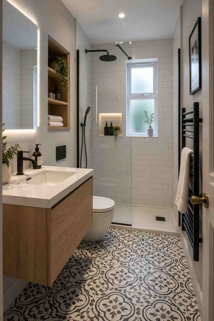 Modern, narrow bathroom featuring a floating light oak vanity with a white countertop and matte black faucet, an illuminated mirror, built-in wooden shelving, a walk-in glass shower with white subway tiles and a black rainfall showerhead, a frosted window, patterned black-and-white floor tiles, a black heated towel rail, and subtle greenery for decoration.

