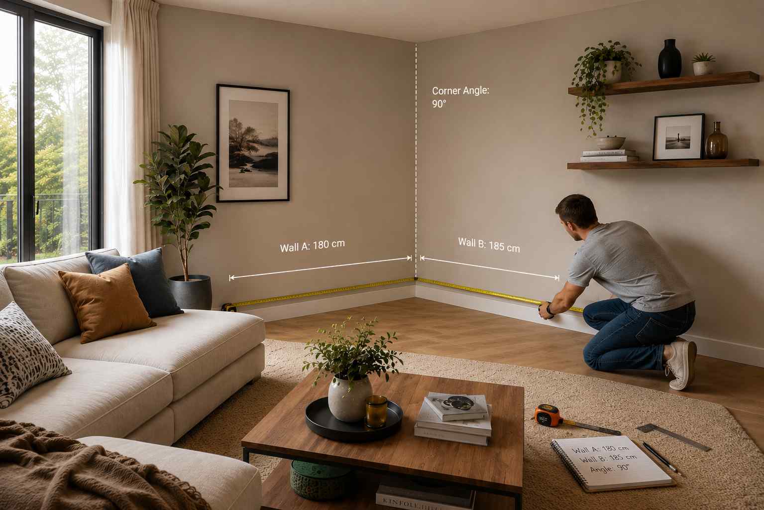 Homeowner measuring a living room corner with a tape measure to determine the correct dimensions for installing a modern corner TV unit.