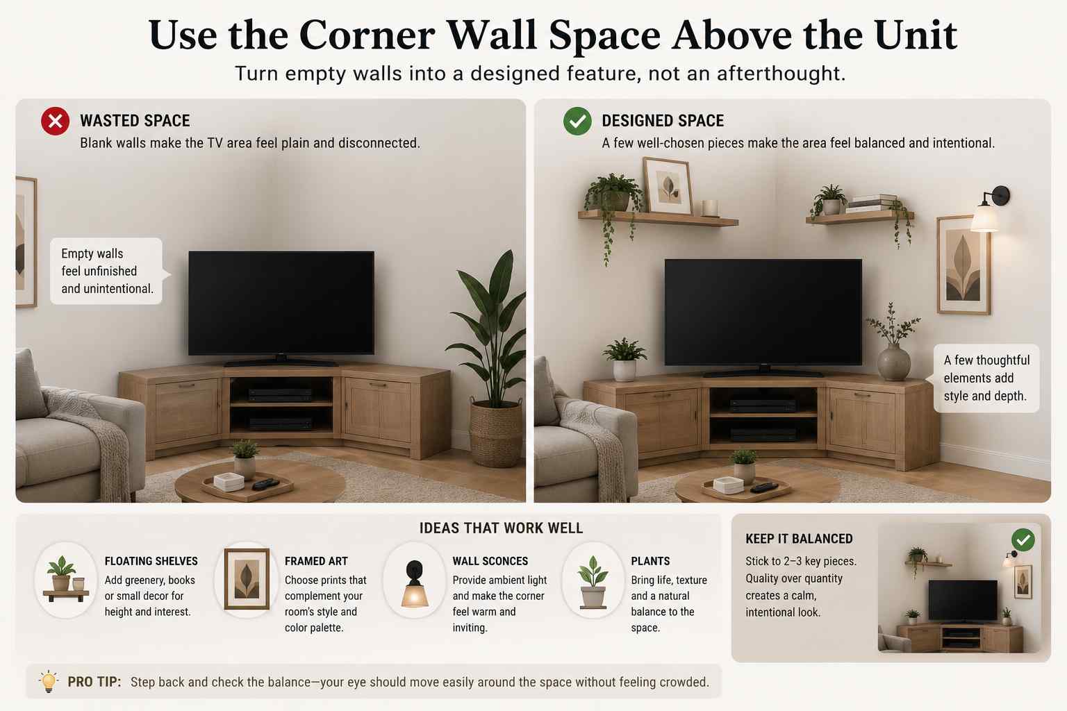 Before-and-after infographic showing a corner TV unit with blank walls compared to a styled setup featuring floating shelves, framed artwork, wall sconces, and plants to create a balanced and visually appealing living room.