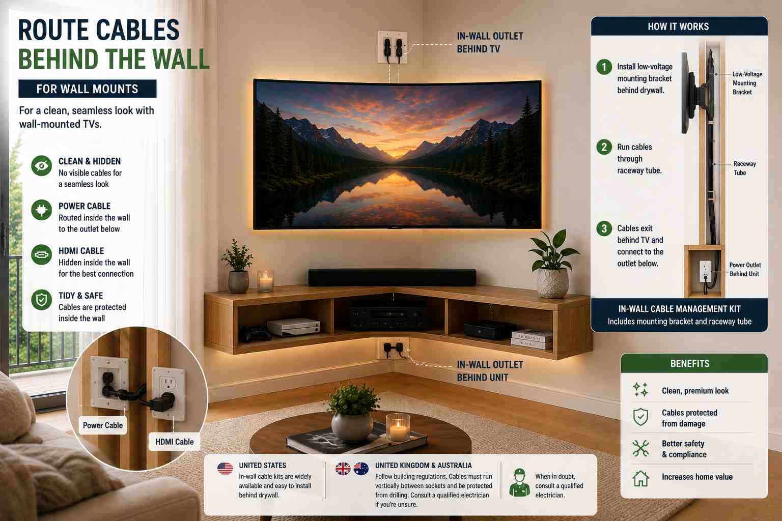 Infographic showing a corner wall-mounted TV with hidden in-wall cable management, including power and HDMI cables routed through the wall using a low-voltage mounting bracket and raceway tube for a clean, clutter-free installation.