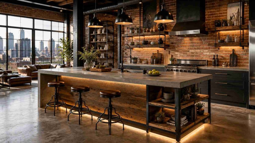 Luxury industrial loft kitchen featuring a large concrete and reclaimed wood island with integrated open shelving, warm LED underlighting, and three vintage metal bar stools. The space includes exposed brick walls, black steel beams, oversized warehouse-style windows overlooking a city skyline, professional stainless steel appliances, floating wood shelves, and polished concrete flooring, creating a sophisticated urban loft atmosphere filled with natural daylight.