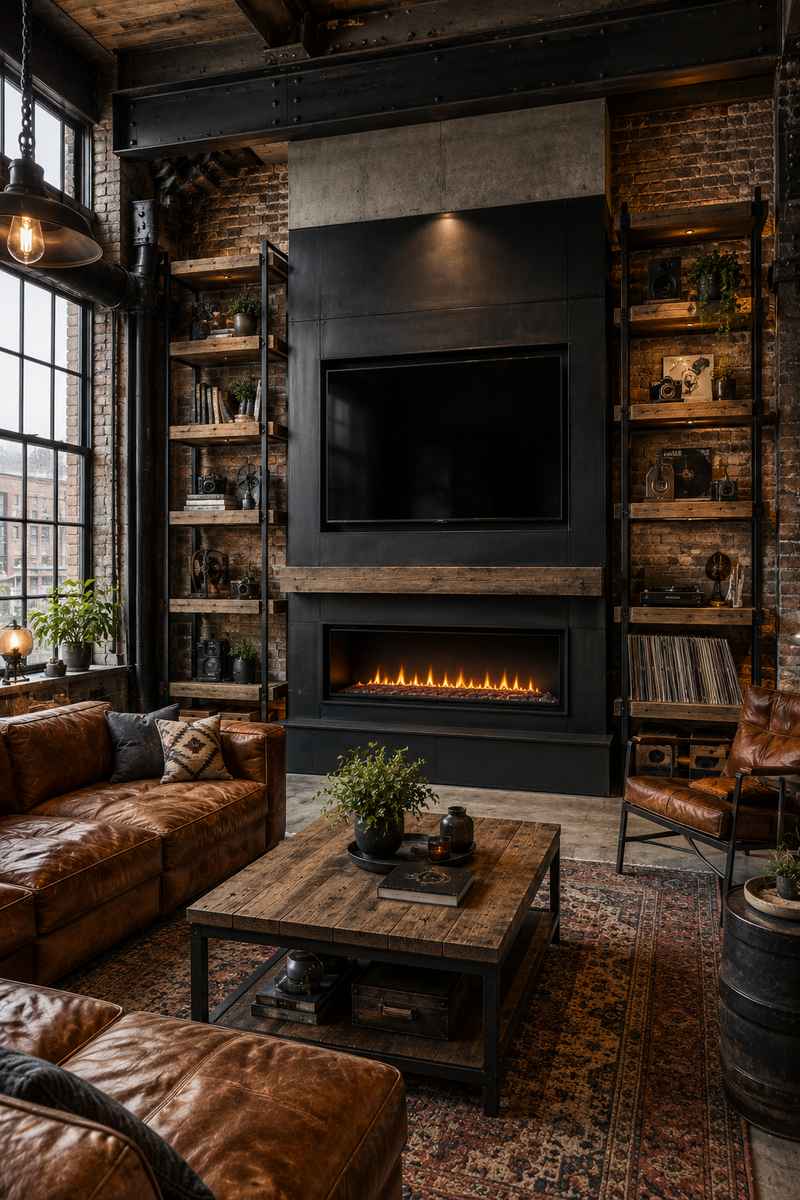 Industrial loft living room featuring a black steel fireplace surround, reclaimed wood shelving, exposed brick walls, wall-mounted TV, and cognac leather seating.