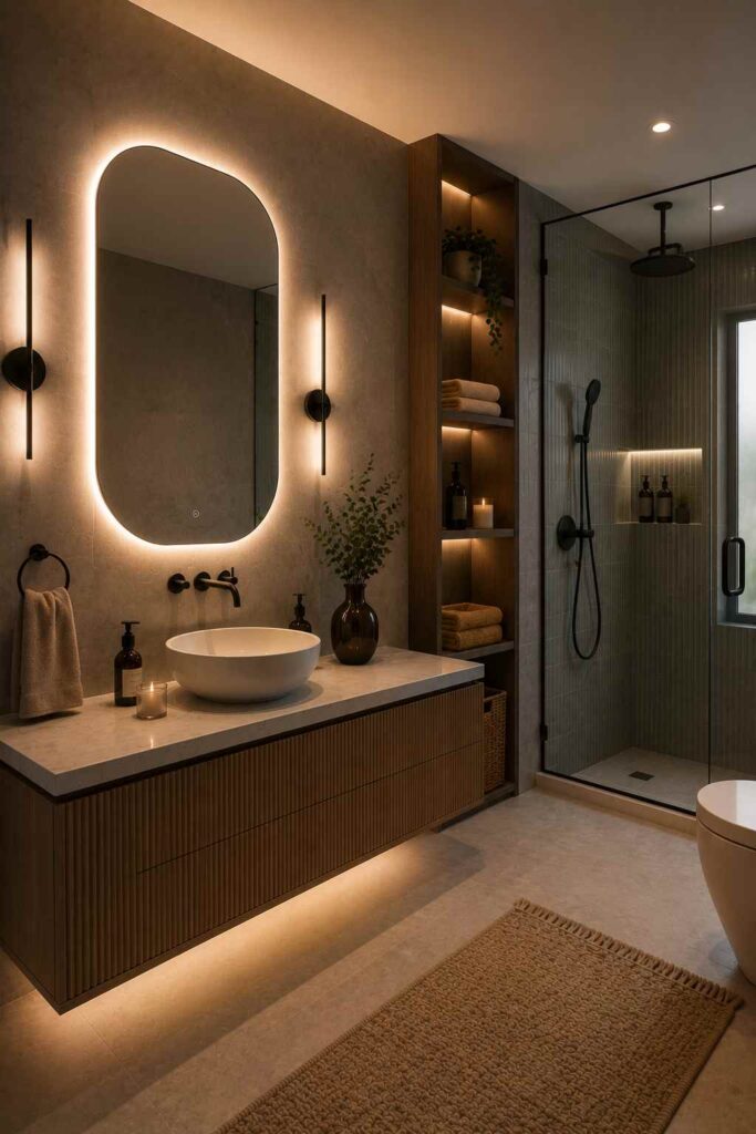 Modern spa-inspired bathroom with a floating walnut vanity featuring vertical fluted drawer fronts, a white stone countertop with a round vessel sink, a large backlit rounded-rectangle mirror, slim black wall sconces, warm under-vanity lighting, an illuminated built-in wood shelving unit with folded towels, baskets, plants, and candles, a frameless glass walk-in shower with matte black fixtures and a recessed illuminated storage niche, light stone floor tiles, a textured beige rug, and soft warm ambient lighting throughout.