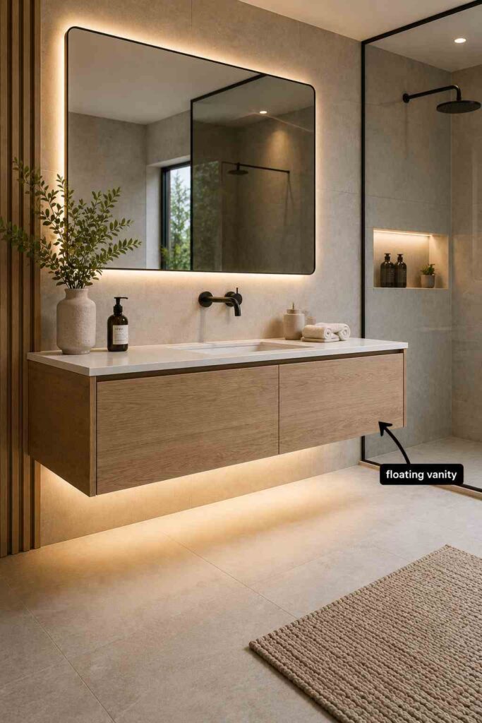 Modern minimalist bathroom featuring a floating light oak vanity with integrated storage, a white countertop and wall-mounted matte black faucet, a large backlit rectangular mirror, a frameless walk-in shower with a black rainfall showerhead and recessed shelf, soft under-vanity lighting, neutral stone-look wall and floor tiles, decorative greenery, and a textured beige bath mat.