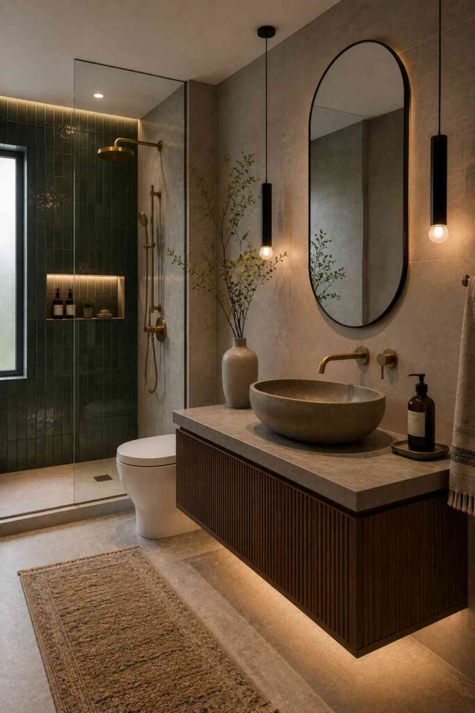 Contemporary bathroom featuring a floating fluted wood vanity with a stone countertop and round stone vessel sink, an illuminated arched mirror, brushed brass wall-mounted faucet and shower fixtures, black pendant lights, a frameless glass walk-in shower with deep green vertical wall tiles and a recessed illuminated niche, a wall-hung toilet, decorative greenery, a patterned runner rug, and warm ambient lighting. 