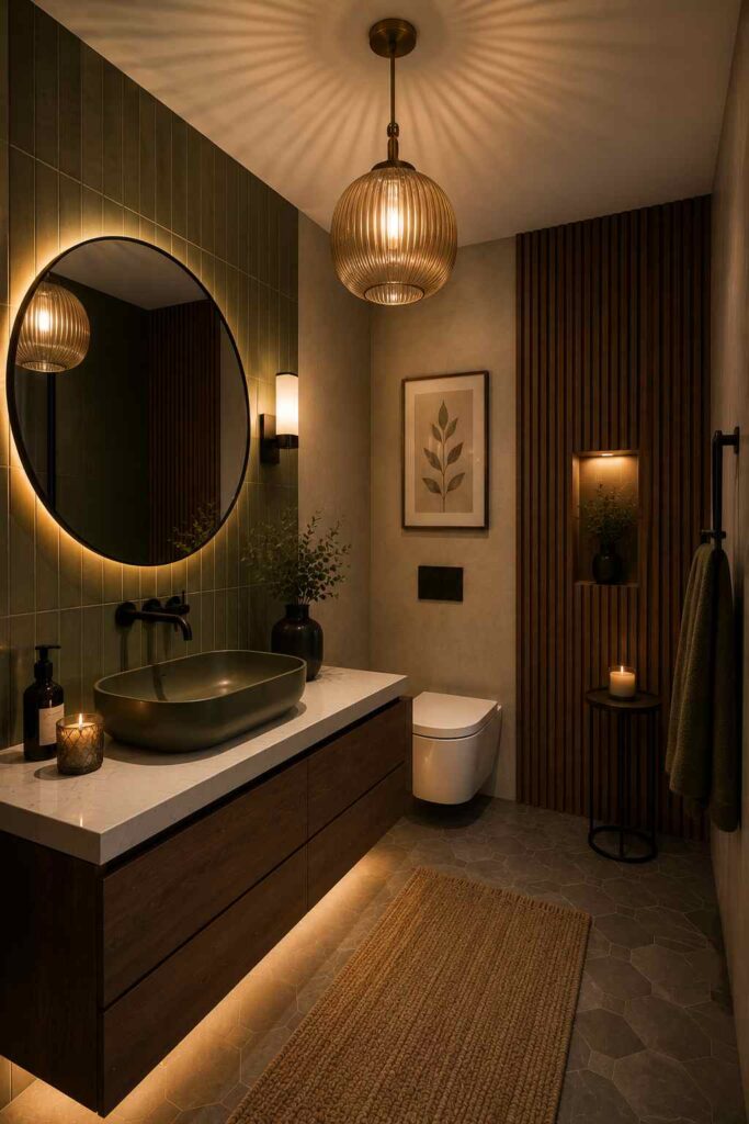 A warm, contemporary bathroom with spa-inspired lighting. The space features a floating walnut vanity with a white stone countertop and an oval charcoal vessel sink beneath a large round backlit mirror. Vertical olive-green wall tiles contrast with dark wood slat paneling that incorporates a softly lit display niche holding a plant. A sculptural ribbed glass pendant light casts decorative shadows across the ceiling. The room also includes a wall-mounted toilet, black fixtures, a woven runner rug, candles, framed botanical artwork, and subtle under-vanity LED lighting that creates a cozy, luxurious atmosphere. 
